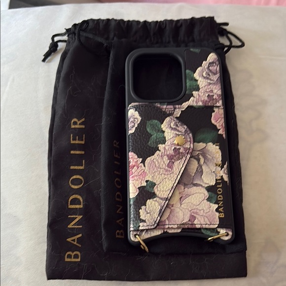 Bandolier Black and Pink Designer iPhone 15 Case strap and air pod pro case